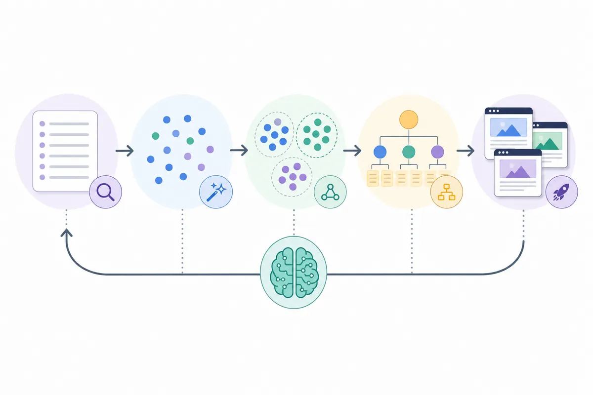 Workflow diagram showing the steps of AI keyword clustering from raw list to published page