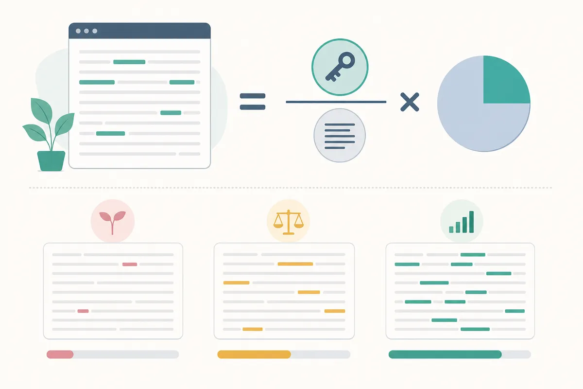 Worked keyword density calculation for a 1,500-word article with 18 keyword mentions