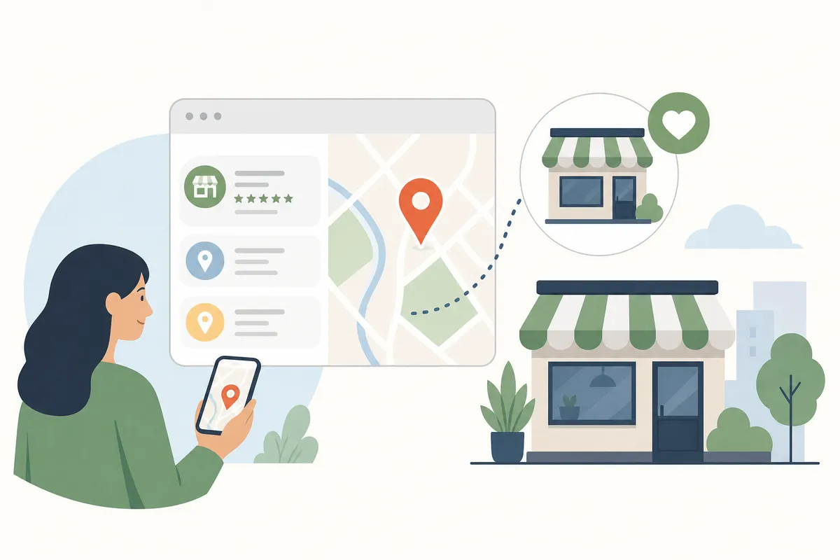 Smartphone screen showing search query with map appearing below displaying nearby business listings