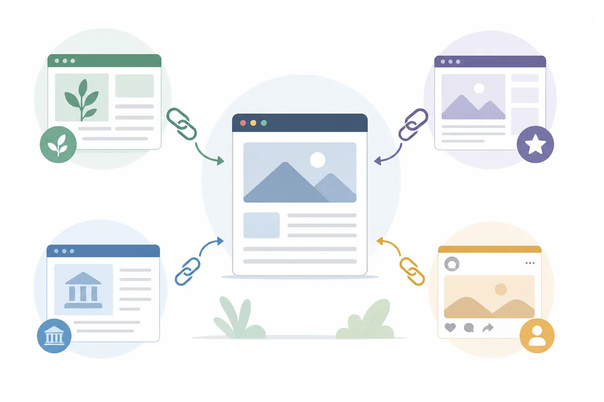 Different backlink sources including news sites, industry blogs, directories, and community forums