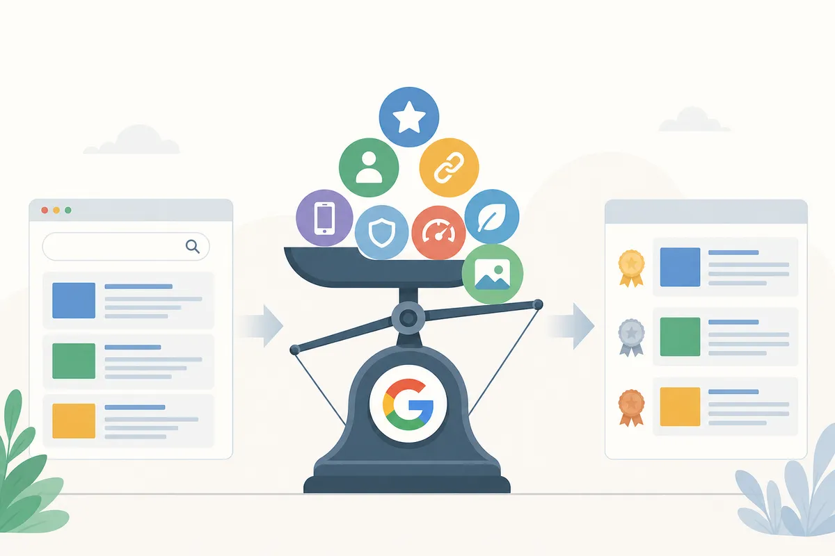 Overview graphic of the ranking factor categories Google's algorithms weigh, including relevance, quality, and backlinks