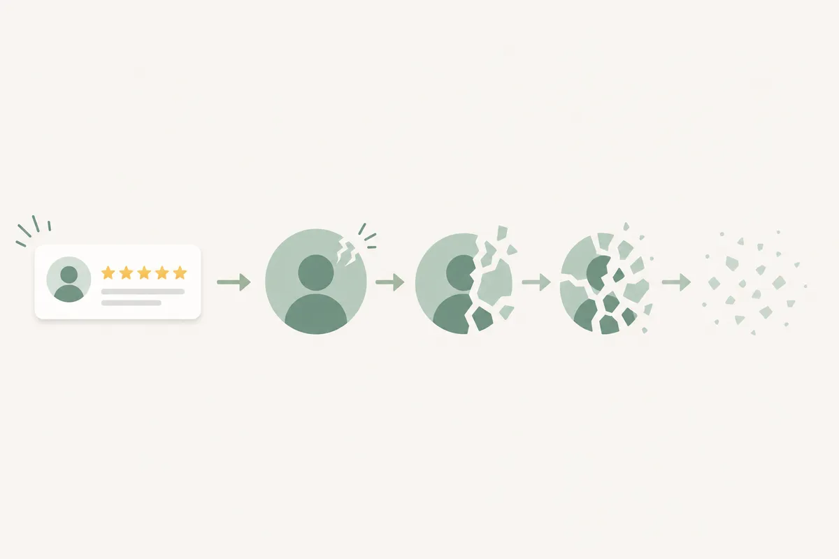 Flat illustration of a small review card with stars triggering a chain reaction that completely erases the user profile icon.