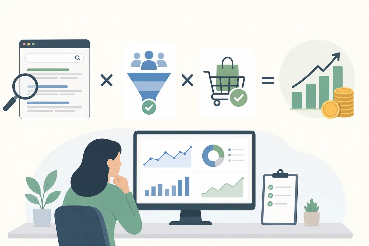 Boxes with revenue and costs connected by arrows and math symbols to final ROI.