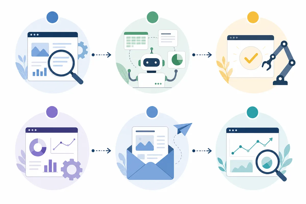 Six stages of an SEO automation workflow shown as a connected pipeline