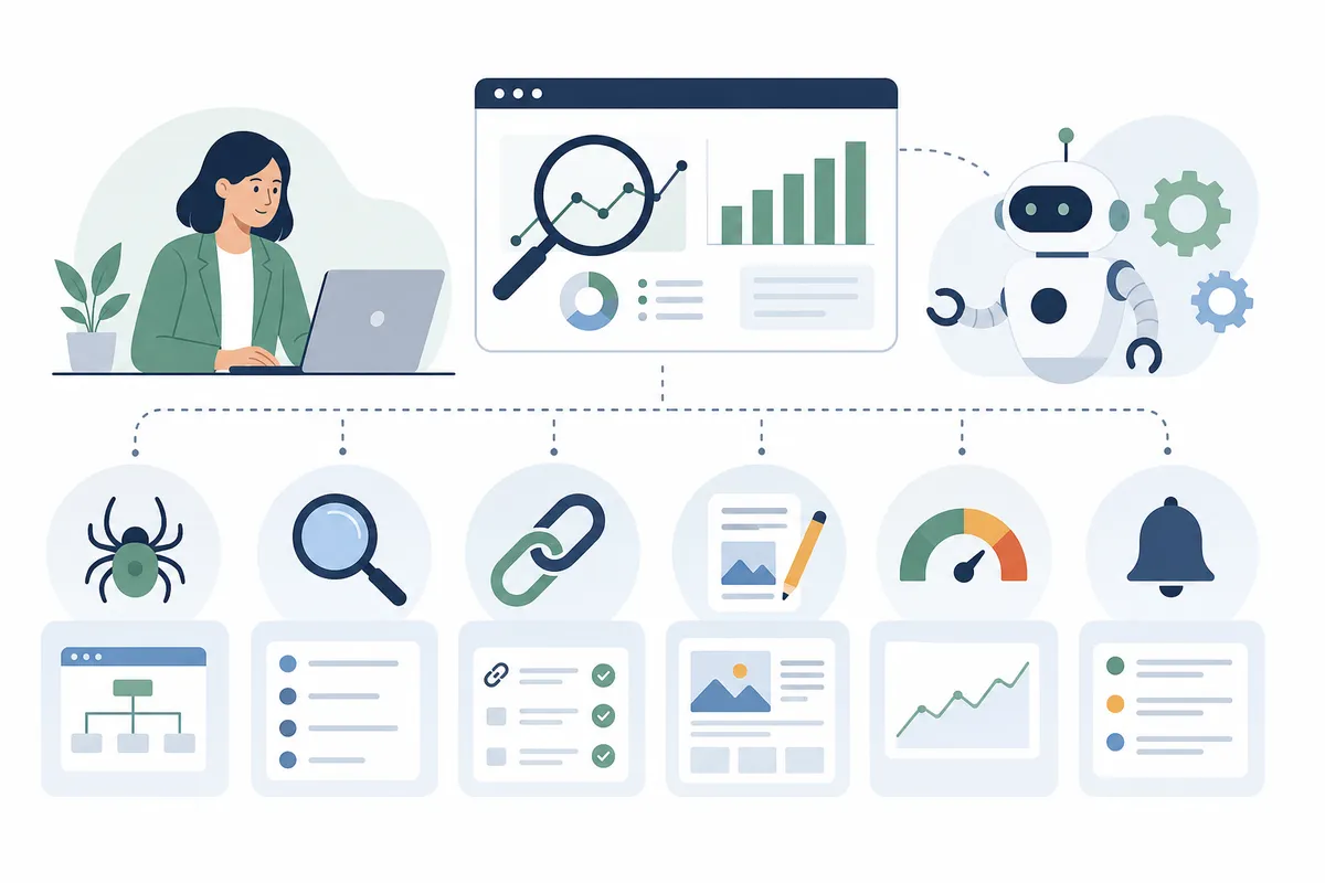 Six SEO tools displayed in organized grid with key metrics and features