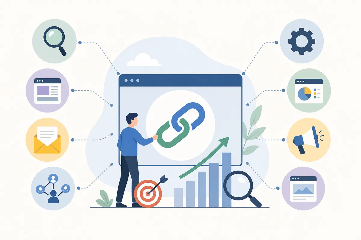 Eight tool icons arranged in a grid representing different backlink research platforms