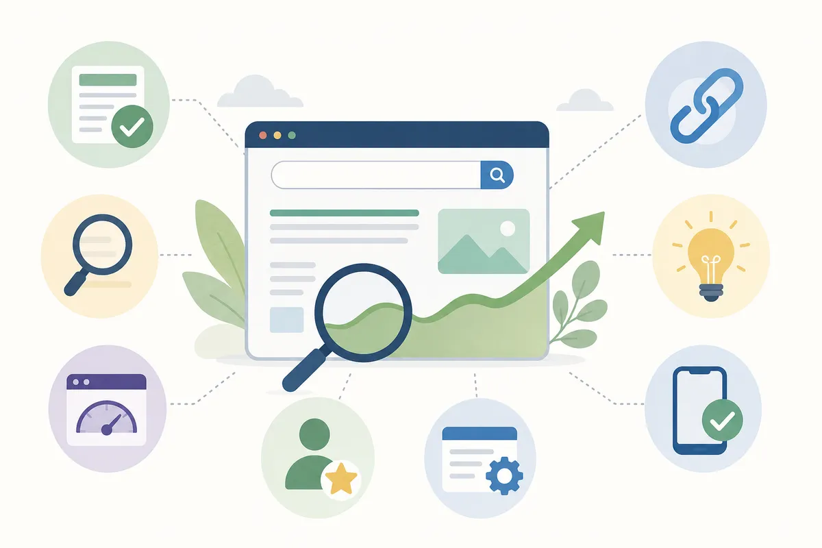Checklist graphic of the top organic search optimization strategies for improving rankings