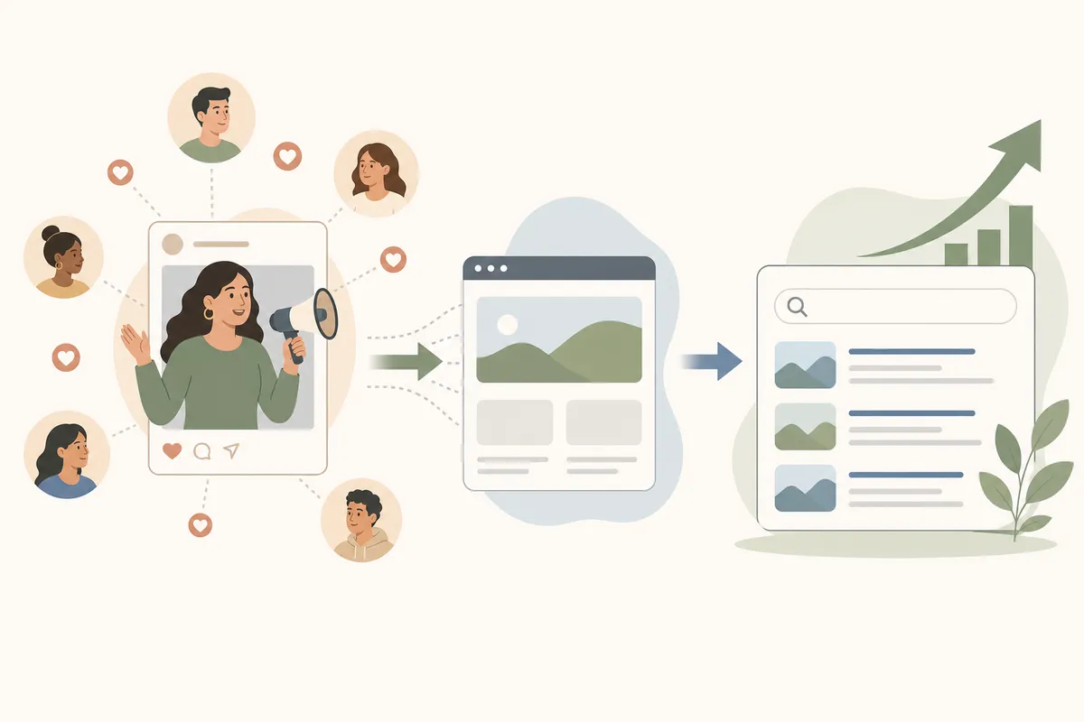 Diagram of influencer content flowing into branded search, backlinks, and AI answers