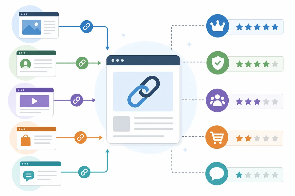 Examples of editorial, guest post, directory and nofollow backlinks marked on a sample web page
