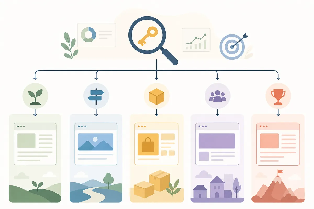 Keyword types from short-tail to long-tail mapped to the pages that should carry them