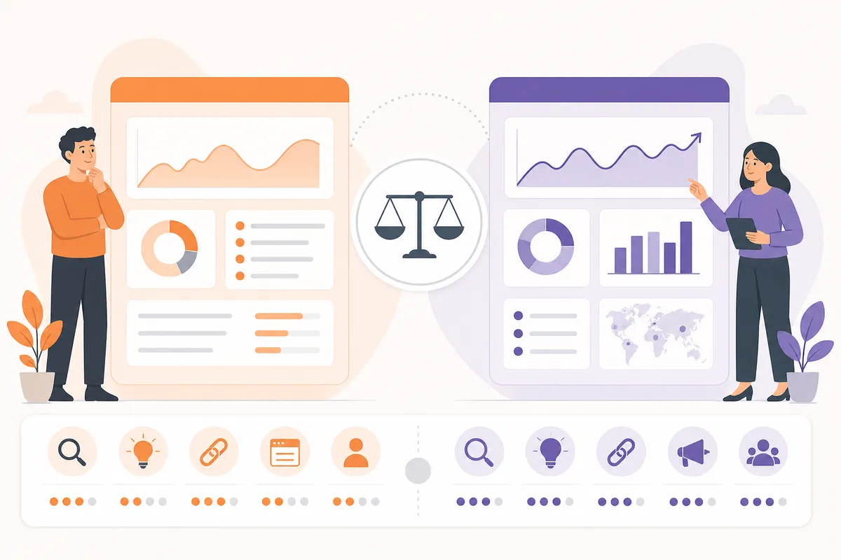 Comparación de los paneles de Ubersuggest y Semrush con las funciones de investigación SEO una junto a otra
