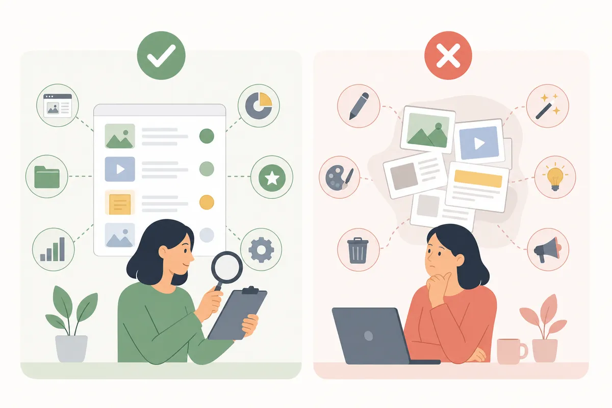 Content audit spreadsheet listing URLs with traffic, quality, and decision columns