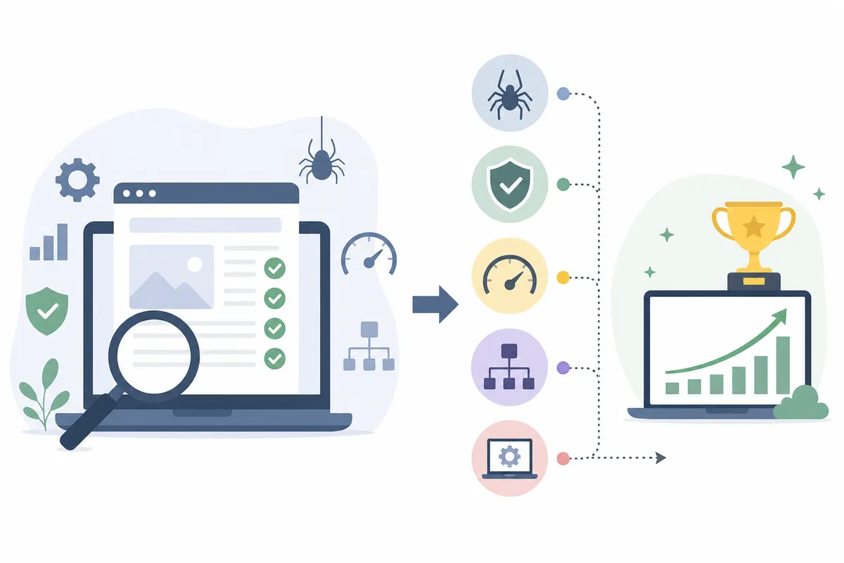 Technical SEO audit layers in order: crawl access, indexing, performance, verification
