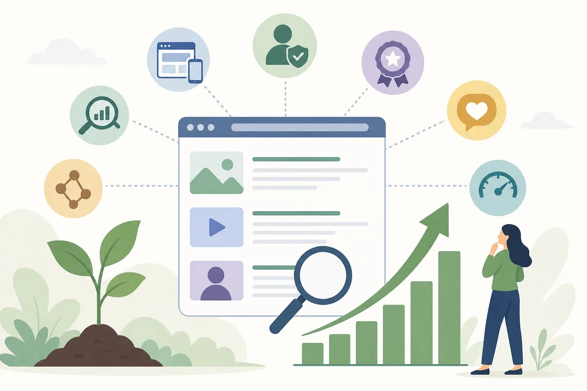 A dashboard showing organic ranking factors including content, technical SEO, and backlinks