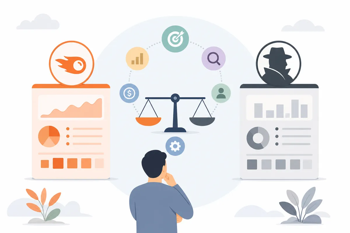 Pricing tiers compared between Semrush and SpyFu for SEO and PPC research