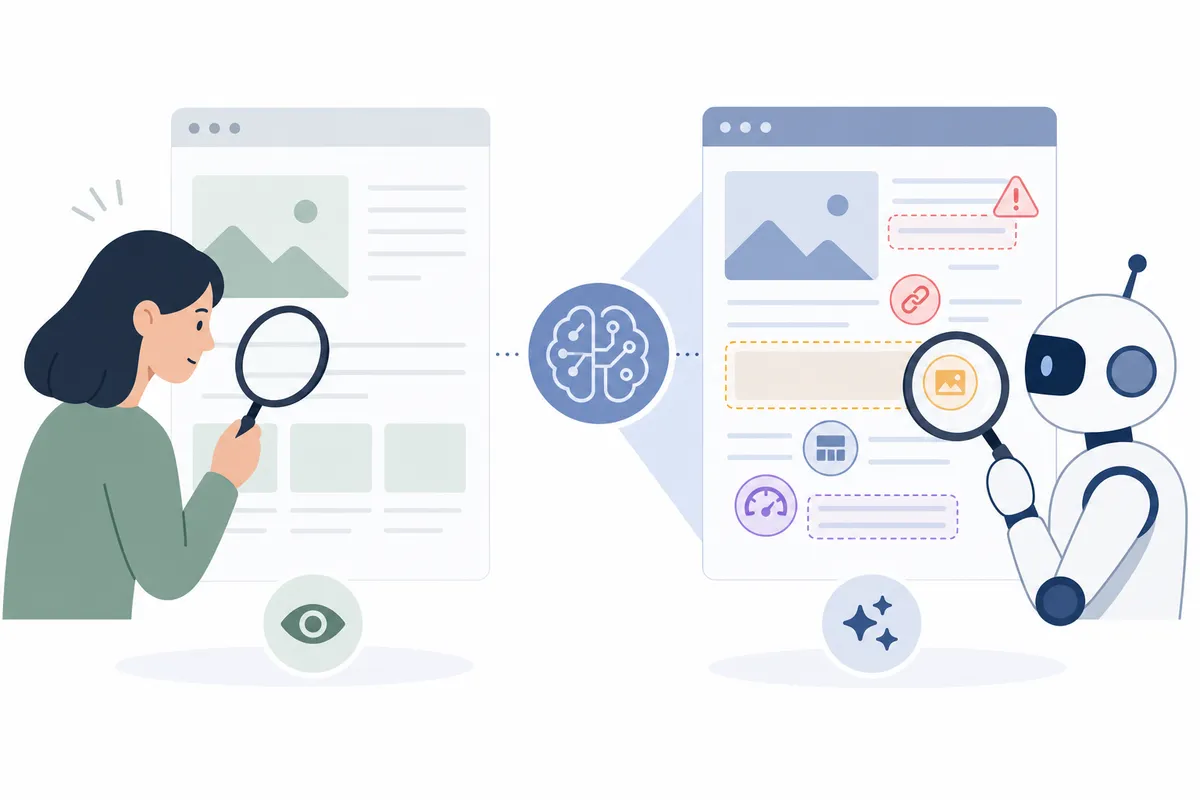 Real site audit findings flagged by an AI SEO audit, including missing schema and blocked AI crawlers