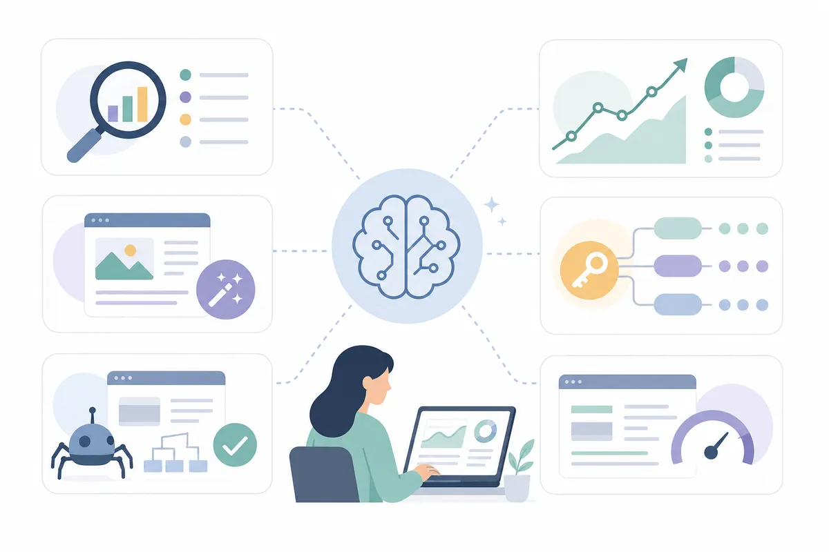 Screenshot-style illustration of an AI SEO dashboard showing keyword clusters, audit flags, and rank trends