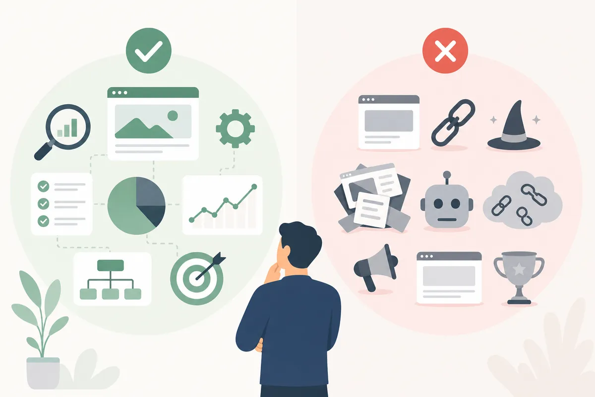 A prioritized SEO action plan spreadsheet showing tasks, owners, and deadlines