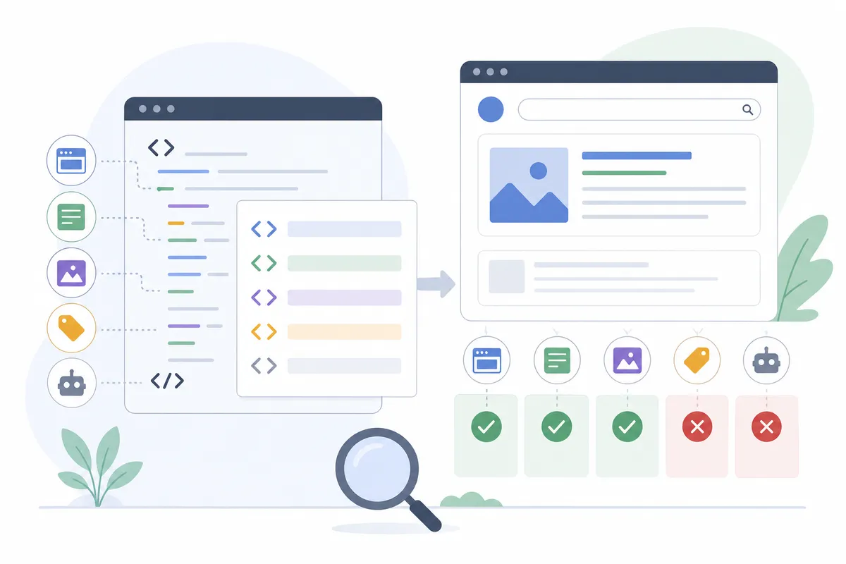 Browser developer tools showing the head section of a page with its meta tags highlighted