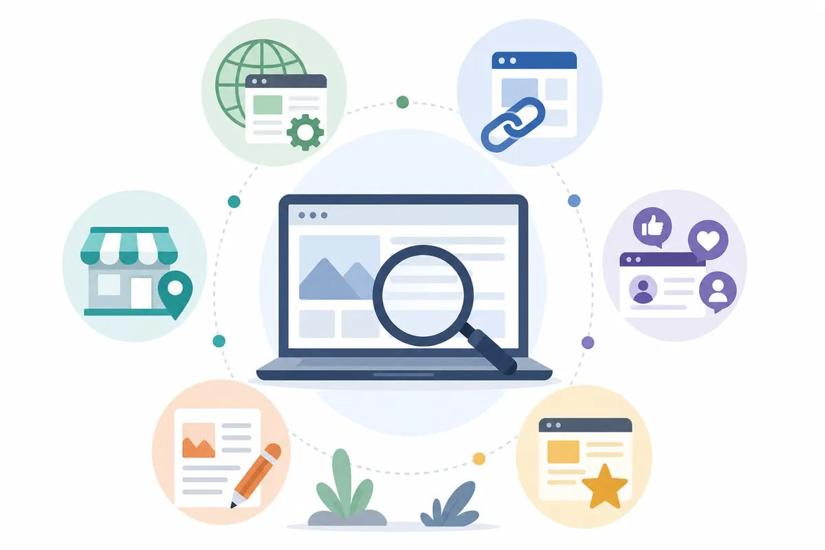 Three linked boxes showing on-page, technical, and off-page as core SEO pillars
