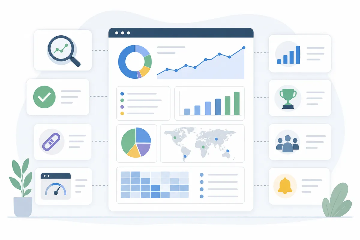 Client SEO report template showing five core KPIs with written commentary