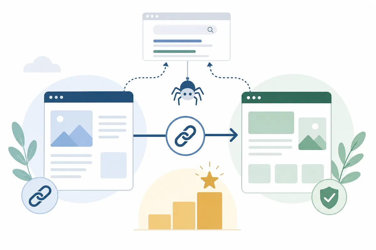 Diagram of backlinks from three external websites pointing at one page, showing how the importance of backlinks rests on independent references