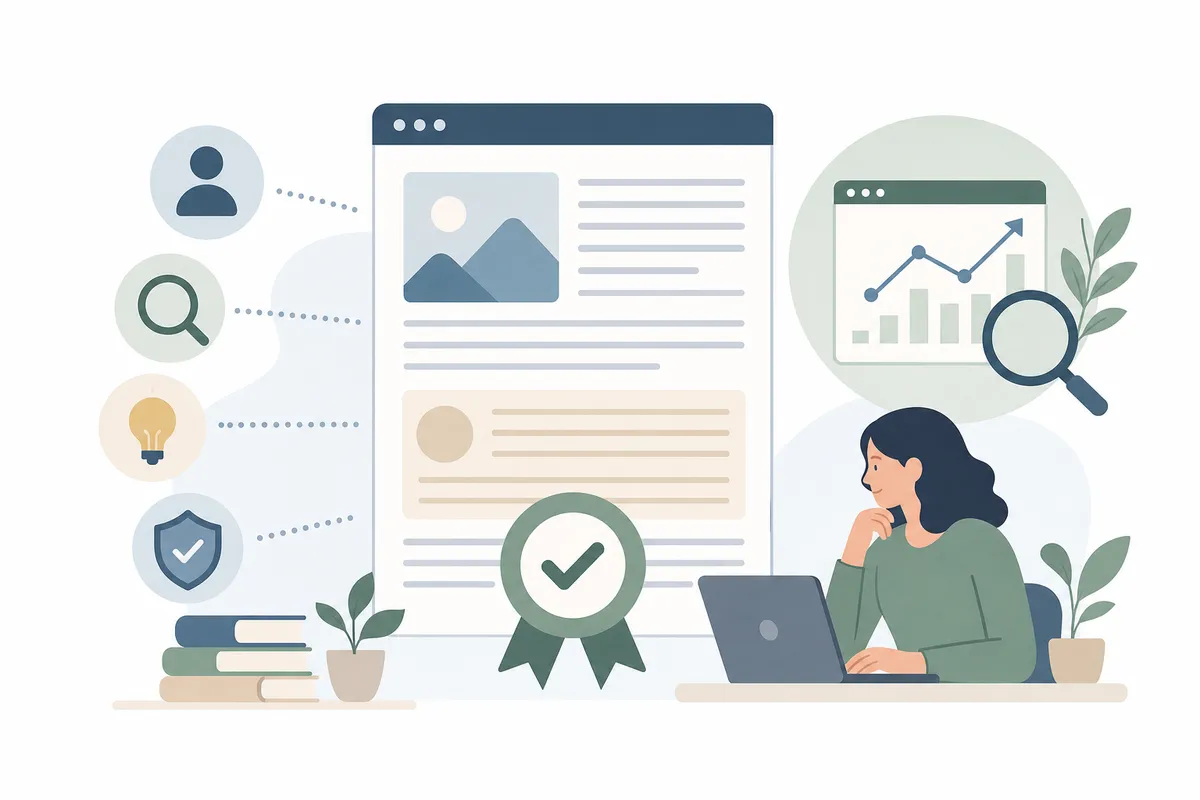 A checklist illustrating the four content quality signals: relevance, depth, structure, and trust