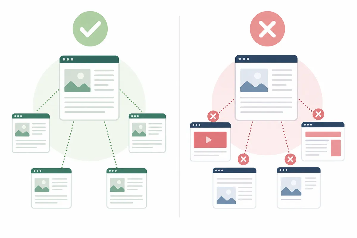 Diagram of content syndication showing one original article republished on three partner sites, each linking back to the source