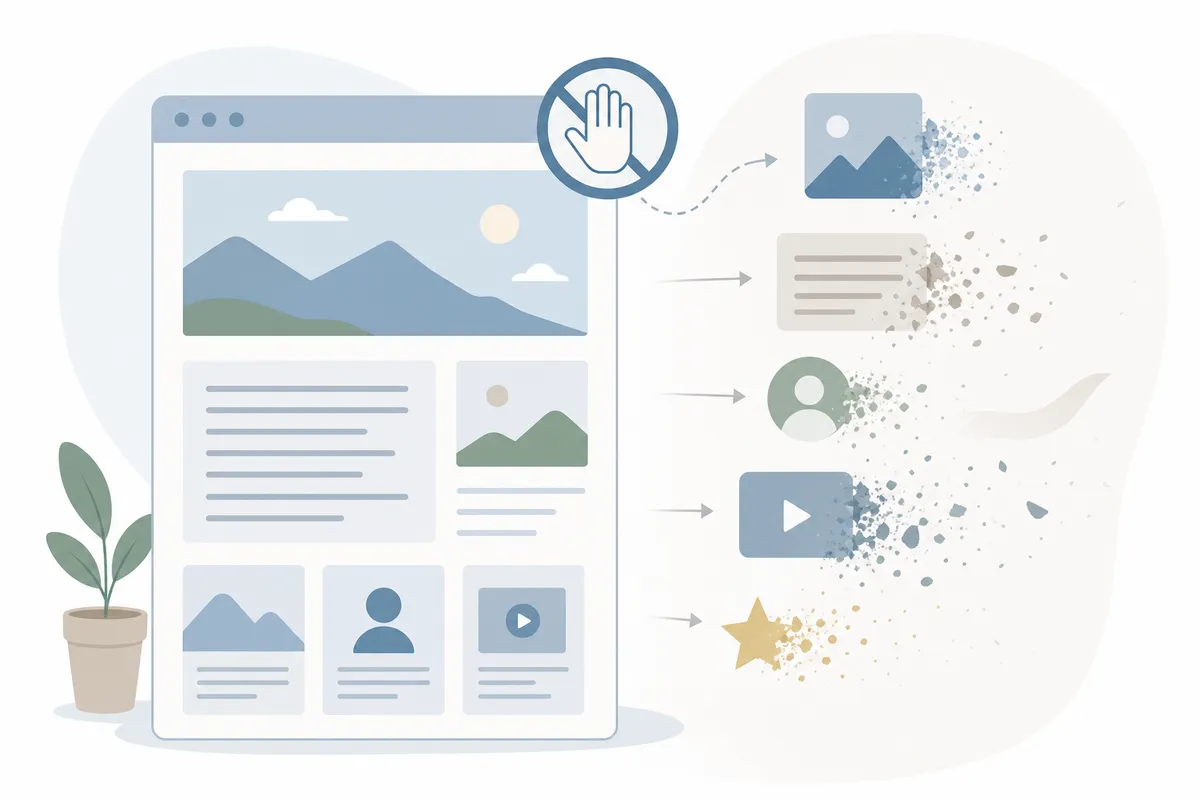 Illustration of an aging web page with broken links, outdated statistics and stale screenshots losing search rankings over time
