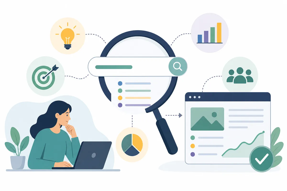 Marketer reviewing a keyword research for SEO spreadsheet with search volume and difficulty columns highlighted