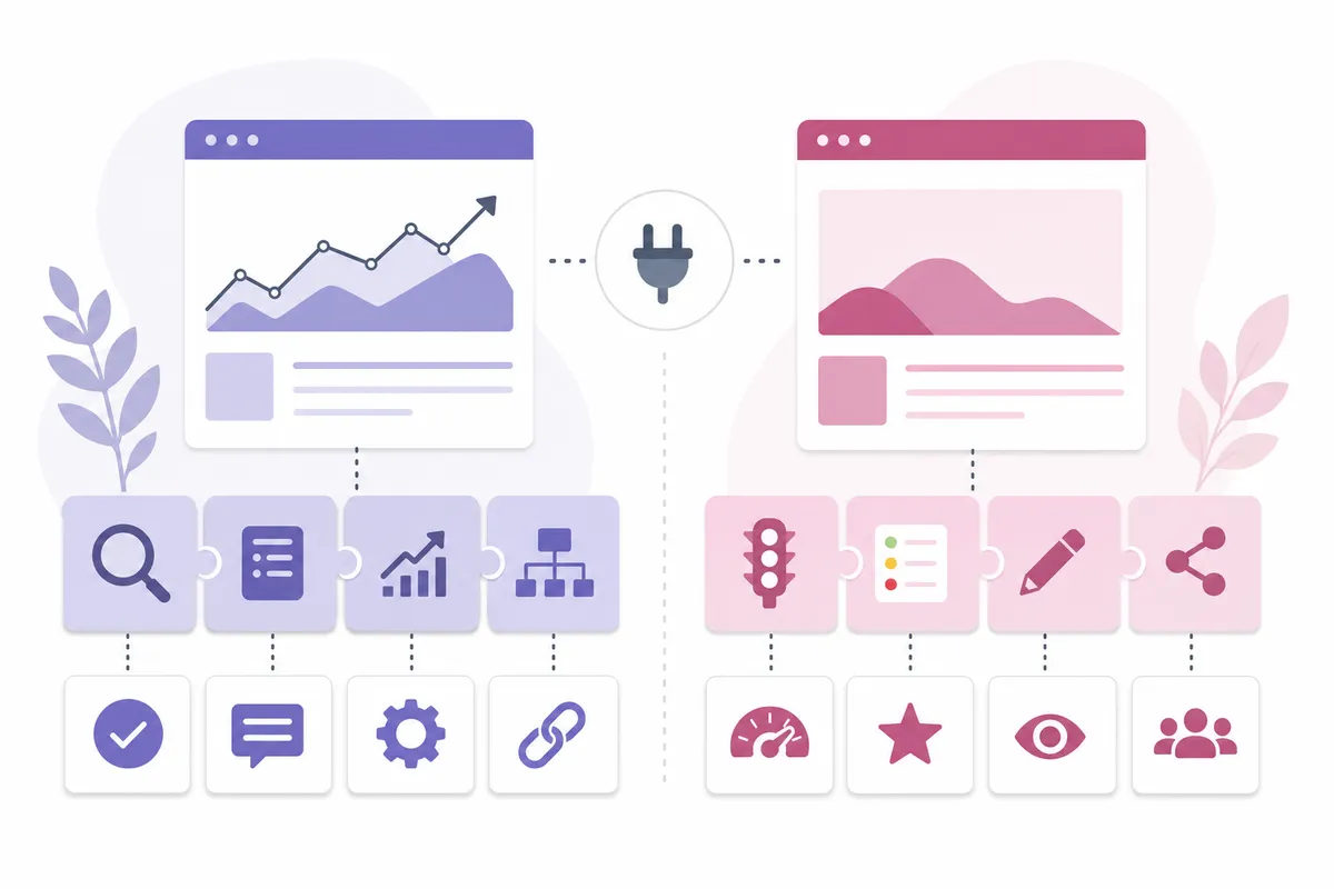 Diagram of how each plugin approaches SEO: Yoast's guided traffic lights versus Rank Math's modular feature set