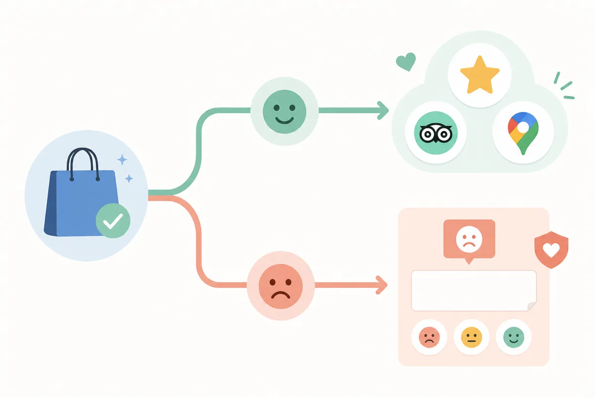 Flat illustration of a purchase splitting into two paths: happy route reaches review site icons, sad route leads to internal feedback box.