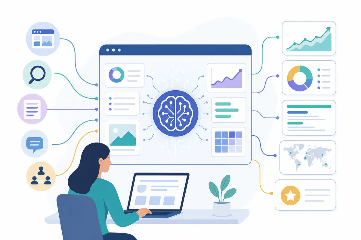 Website URL entering a system with tools producing SEO reports and insights.