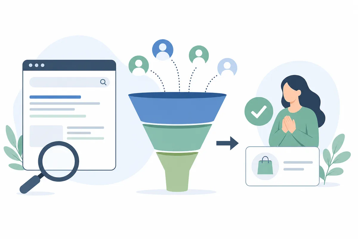 Diagrama de embudo que muestra cómo el tráfico de búsqueda orgánica se estrecha hasta la tasa de conversión SEO en la parte inferior