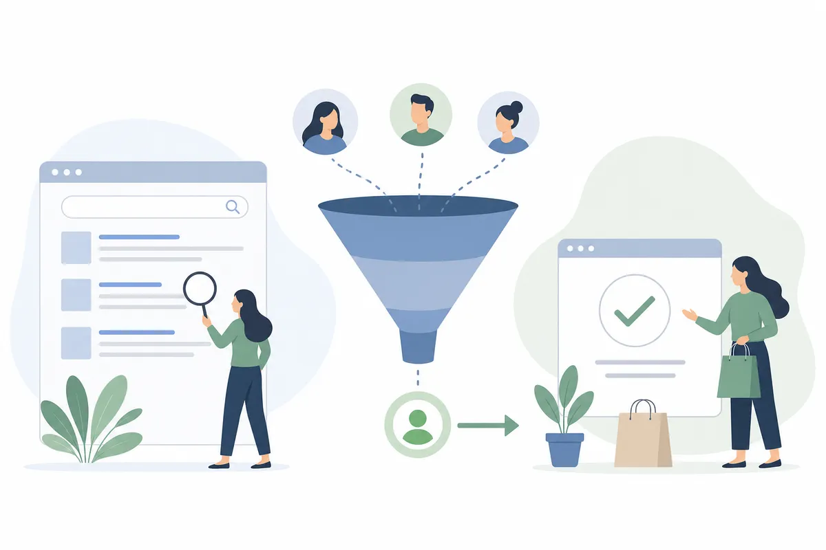 Funnel diagram showing organic search visitors narrowing down to SEO conversions