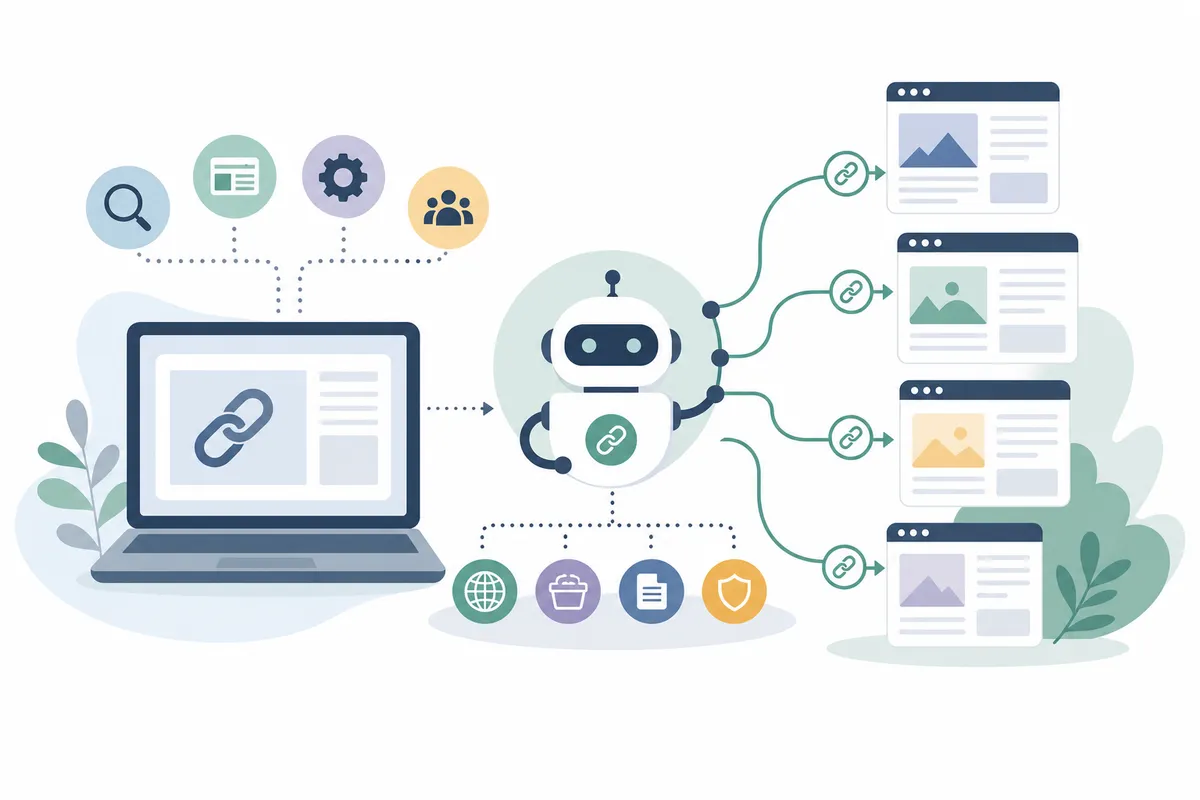 Automated bot creating link connections between multiple websites with flowing arrows.