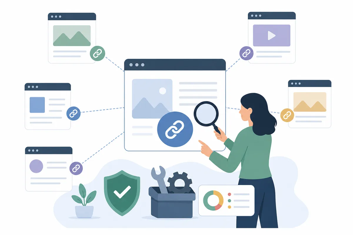 Panel para gestionar backlinks que muestra los enlaces activos, perdidos y nofollow a lo largo del tiempo