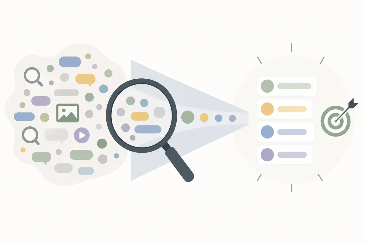 Keyword discovery workflow moving from seed terms to a prioritized shortlist