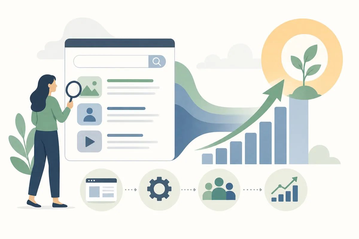 Marketer reviewing an SEO growth dashboard with rising organic traffic