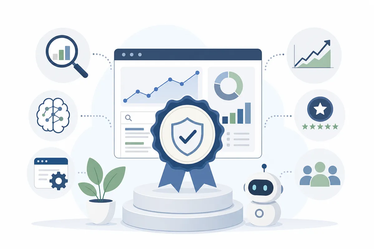 Checkmarks on a list with upward trending charts and quality badges