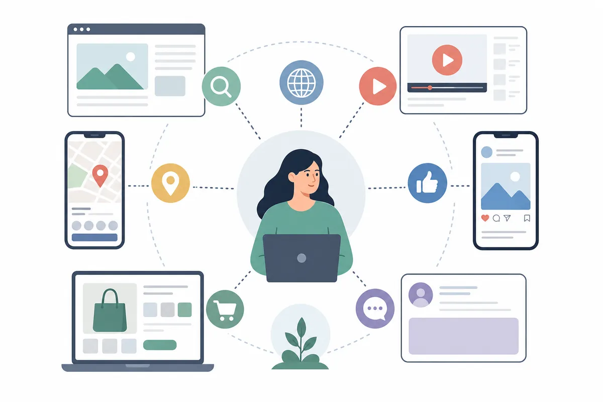 Website core with lines radiating outward to search engines and AI platform symbols.