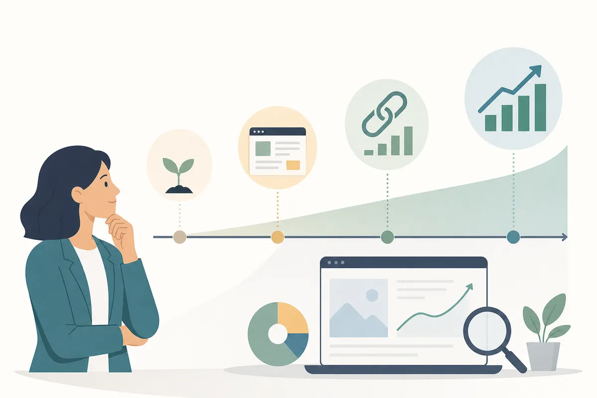Timeline of SEO results from foundation fixes through compounding growth