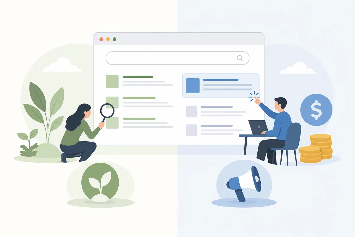 SEO vs PPC side-by-side on a search results page: an organic listing next to a paid ad for the same keyword