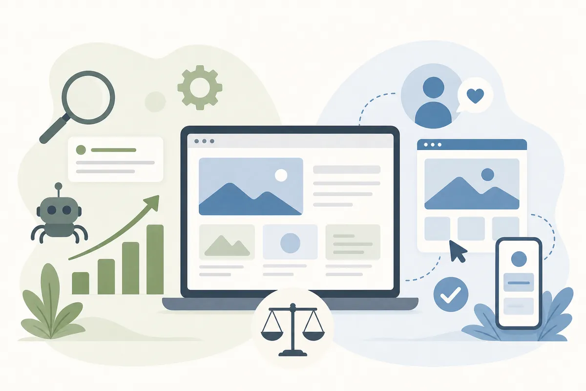 Side-by-side diagram comparing SEO signals and UX signals on a webpage