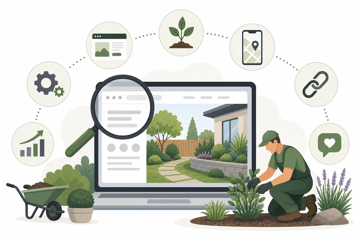Website, Google Maps listing, customer reviews, keywords, and mobile optimization shown connected with arrows.