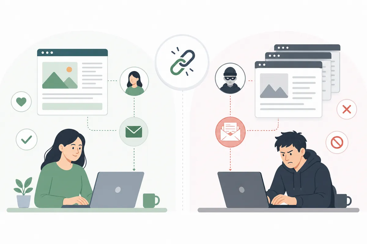 Editor reading an SEO outreach pitch beside a screen showing a backlink profile
