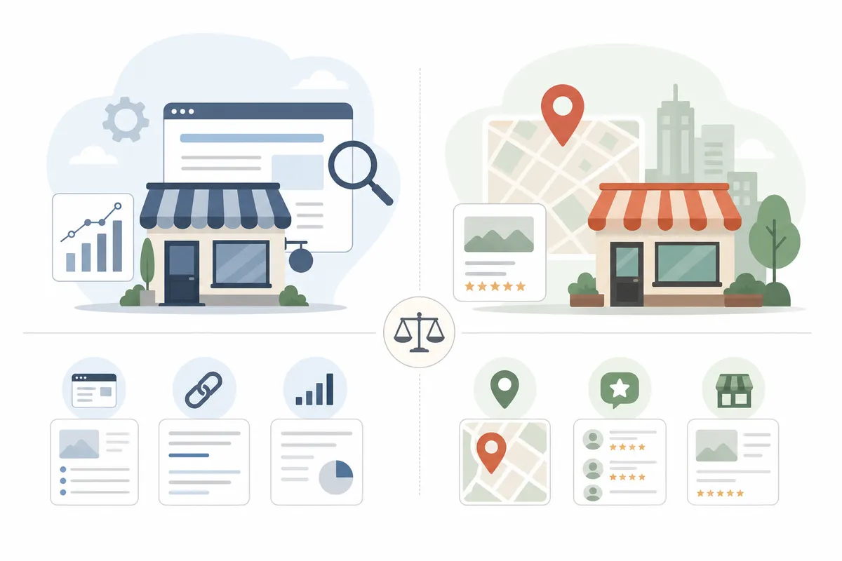 Small business owner comparing local map results and national search results for their services on a laptop