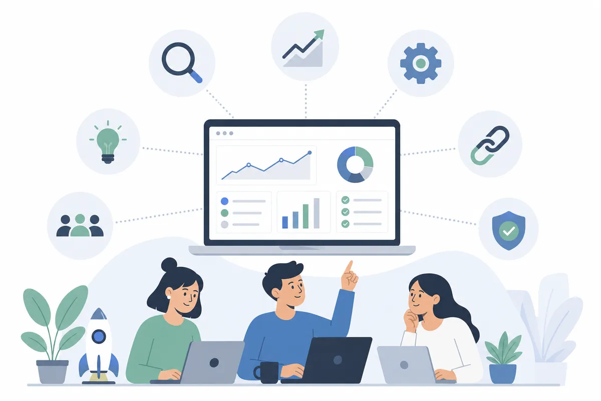 Startup owner reviewing dashboard highlights for cost control, keyword tracking, and support availability.