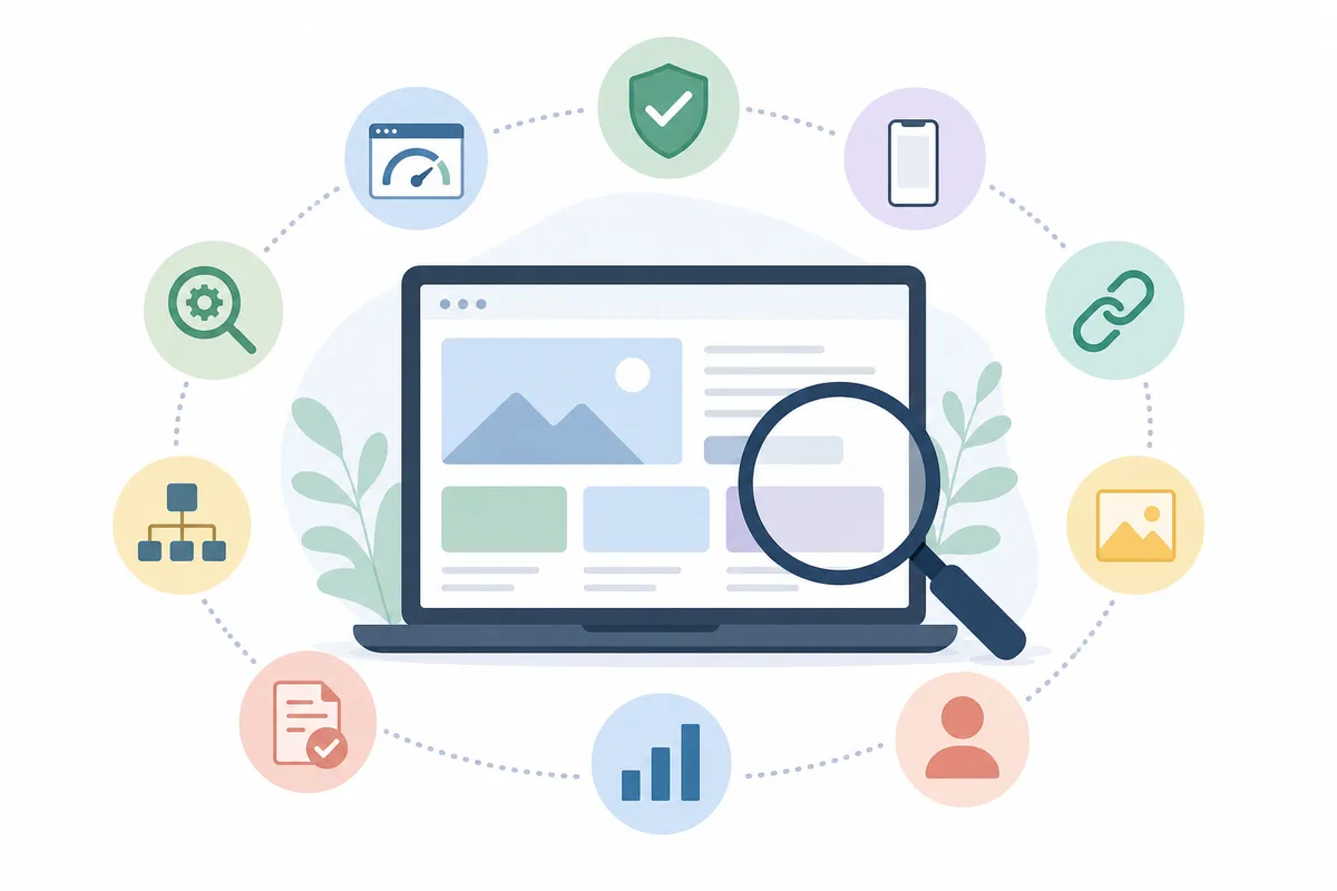 Five categories of a website audit shown as connected checklist icons