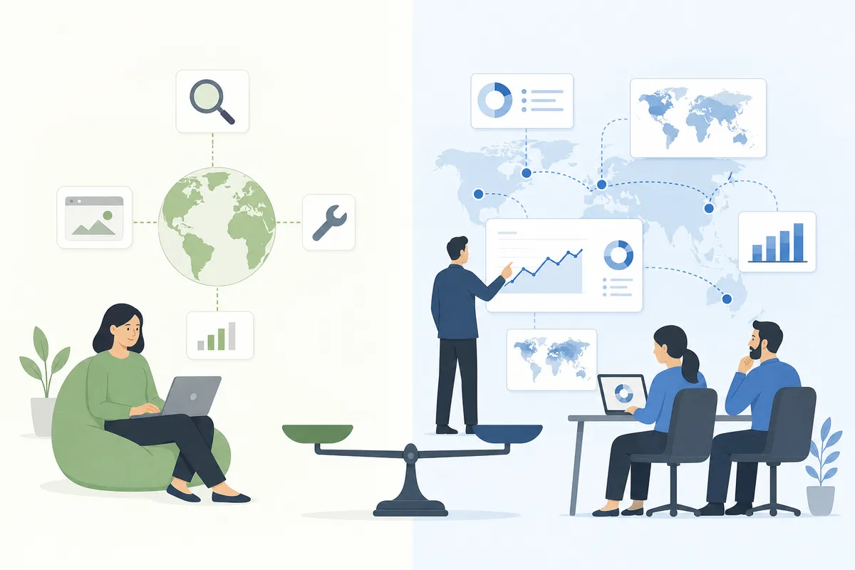 Diagram contrasting problems a free single-URL checker can solve with those that need a sitewide technical audit.